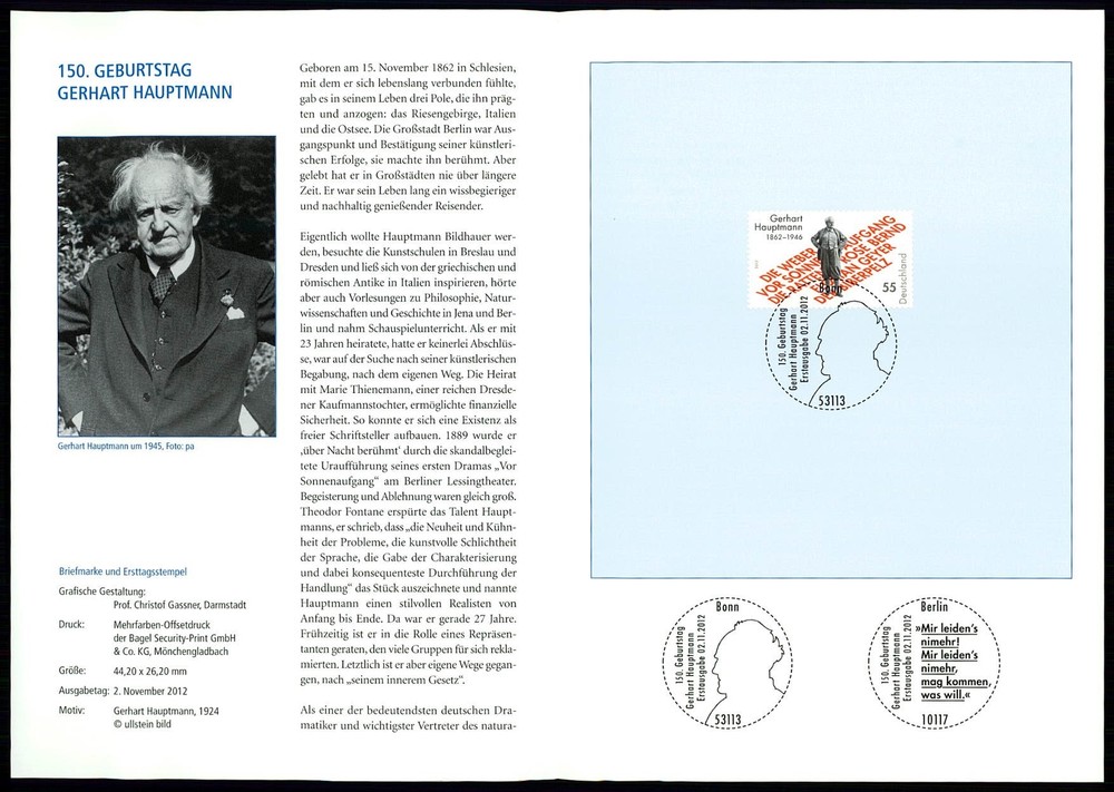 GERMANY FOLDER 2012/47 GERHART HAUPTMANN SCHRIFTSTELLER DRAMATIKER LITERATUR