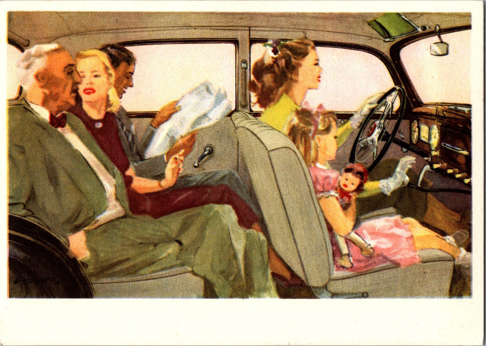 1952 Germany Colored Picture Postcard Family Ride Mercedes Benz Type 170 S Car