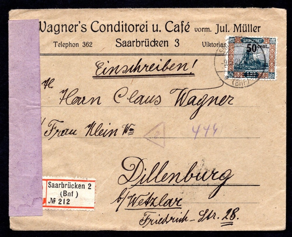 GERMANY SAAR 1921 REGISTERED „SAARBRÜCKEN 3“ WITH CENSORED LABEL TIED SC. #93