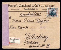 GERMANY SAAR 1921 REGISTERED „SAARBRÜCKEN 3“ WITH CENSORED LABEL TIED SC. #93
