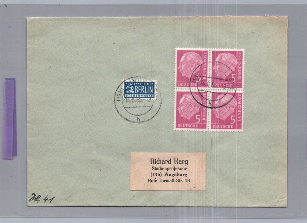 Bund Heuss with four-unit unit – letter from Mindelheim to Augsburg 1955