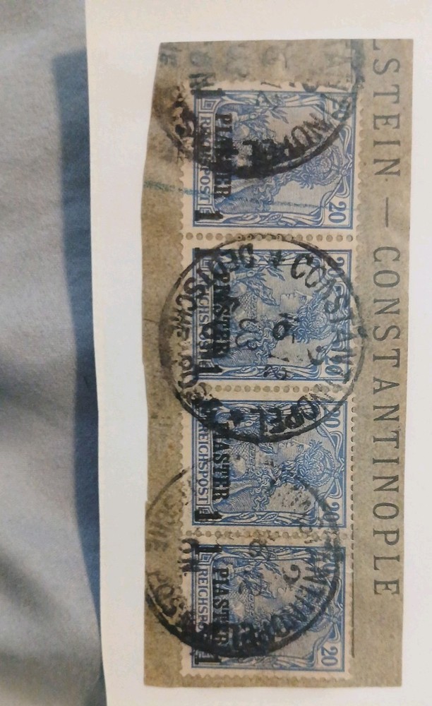 German Reichspost 20Pfenning X4 W/ 1Piaster1 Overprint Postmark Constantinople!!