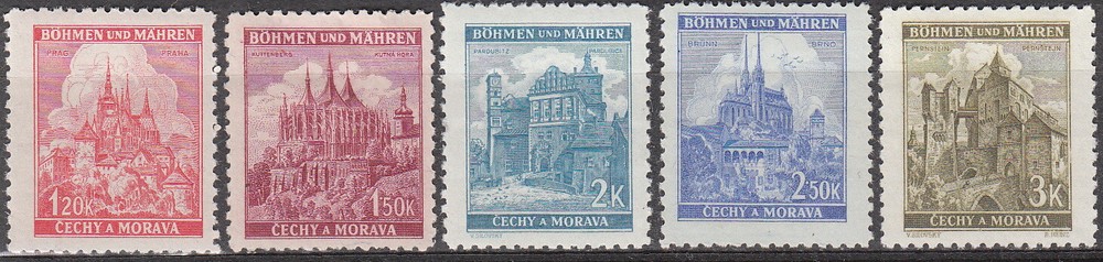 Stamp Germany Bohemia Czech Mi 068-72 Sc 52-3C 1941 WWII Fascism Castles MNH
