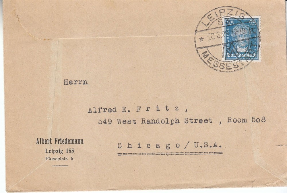 Cover Germany Mi 393 1926 Reich Goethe Famous Germans Leipzig Chicago USA