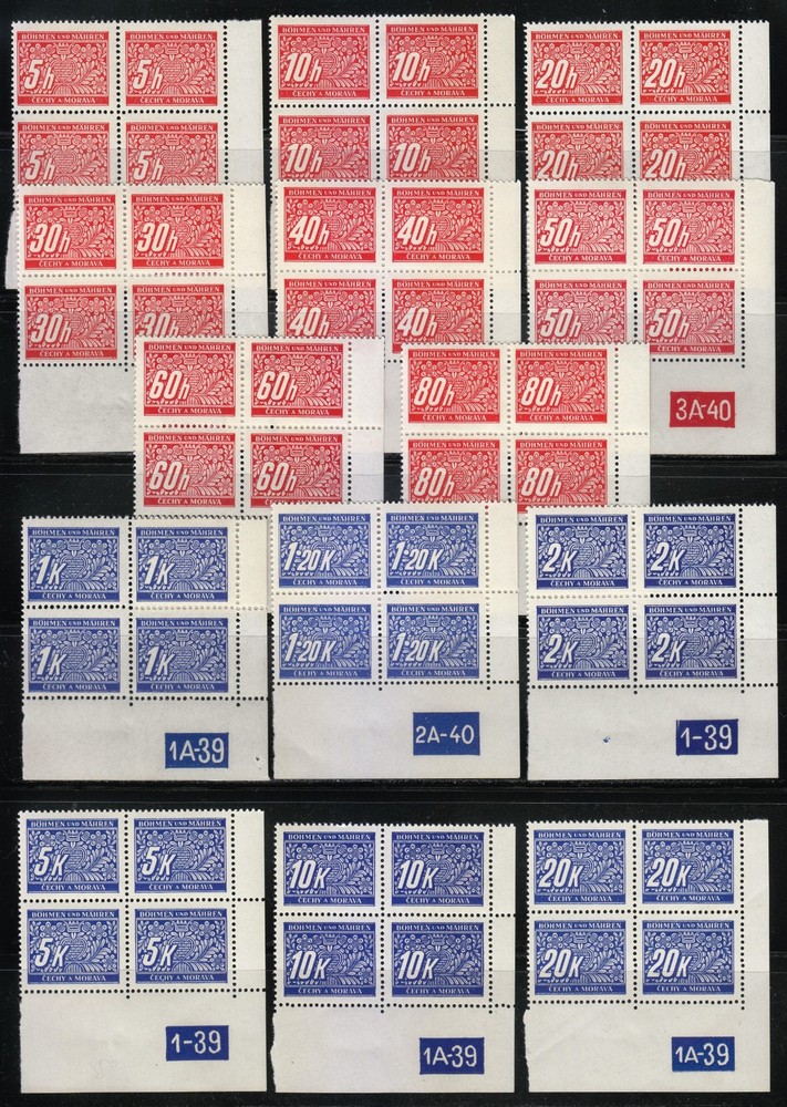 Bohemia & Moravia 1939/1940 MNH Mi 1-14 Sc J1-J14 Due Plate number Blocks **