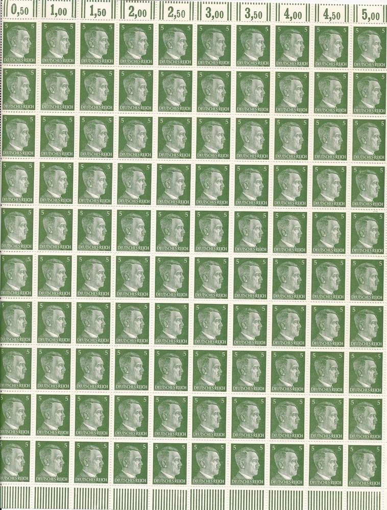 Stamp Germany 5 PF Adolf Hitler Sheet 1941 WWII 3rd Reich German MNH Faults