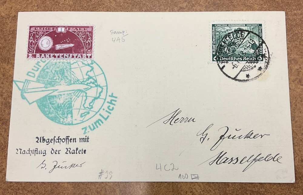 Germany 1933 ZUCKER signed Rocket Mail card only 100 made, EZ4 11/6/33.