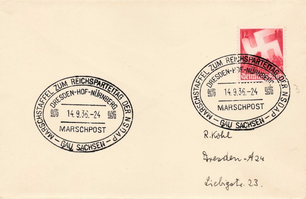 1936 special-event (propaganda) cover from Nazi Germany MI633 Marschpost Cancels