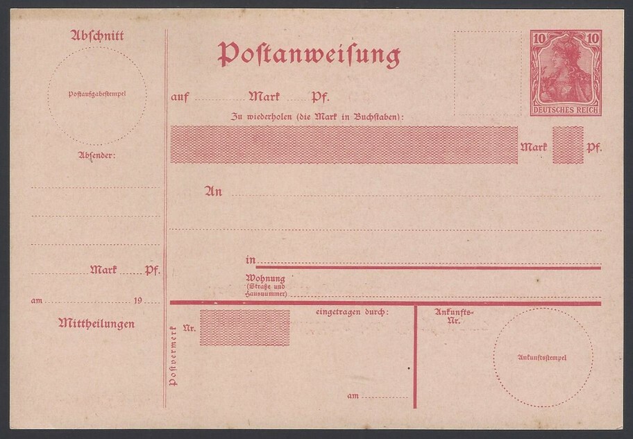 Germany 1903 10pf red/rose Postal order unused. Michel A25
