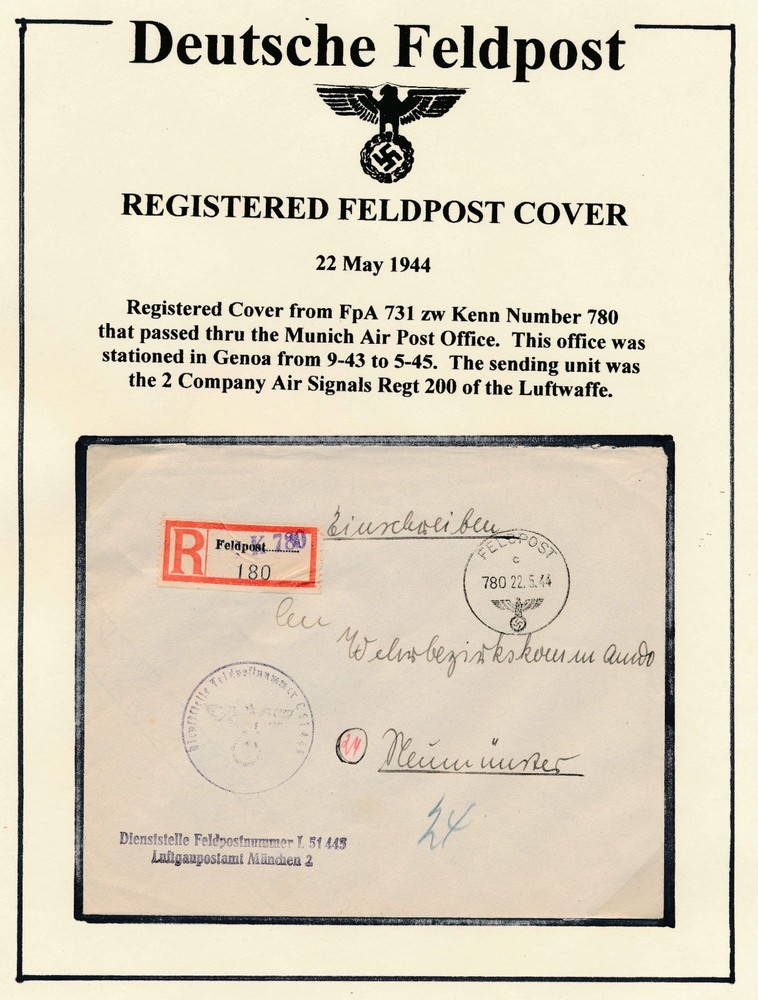 Germany WWII 1944 Registered Luftwaffe Feldpost Cover Genoa Italy R Label 780