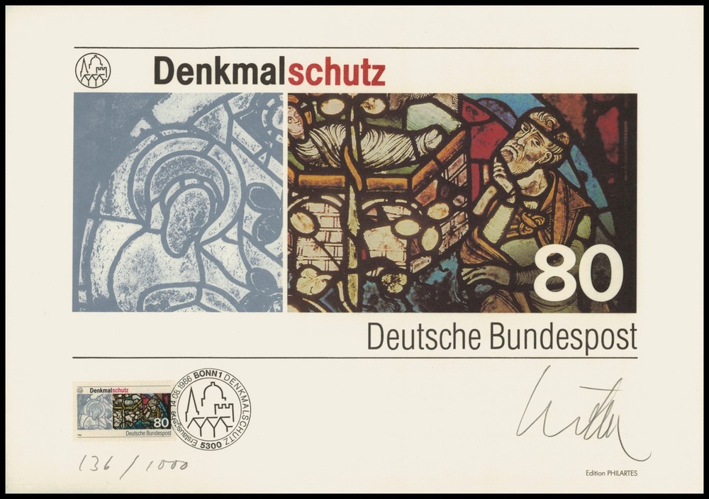ART-EDITION 1986 GERMANY 1291 DENKMALSCHUTZ GLASMALEREI – HAND-SIGNED !!