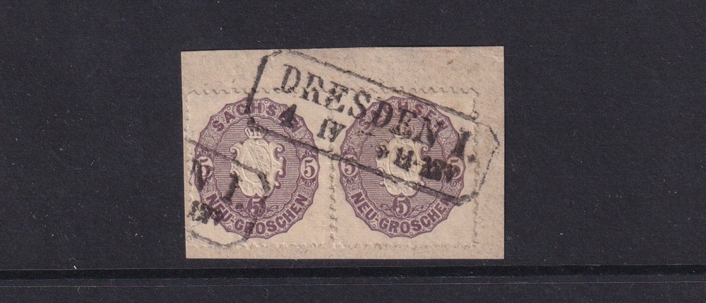 GERMANY – SAXONY 1866 5ng. PURPLE USED PAIR ON PIECE