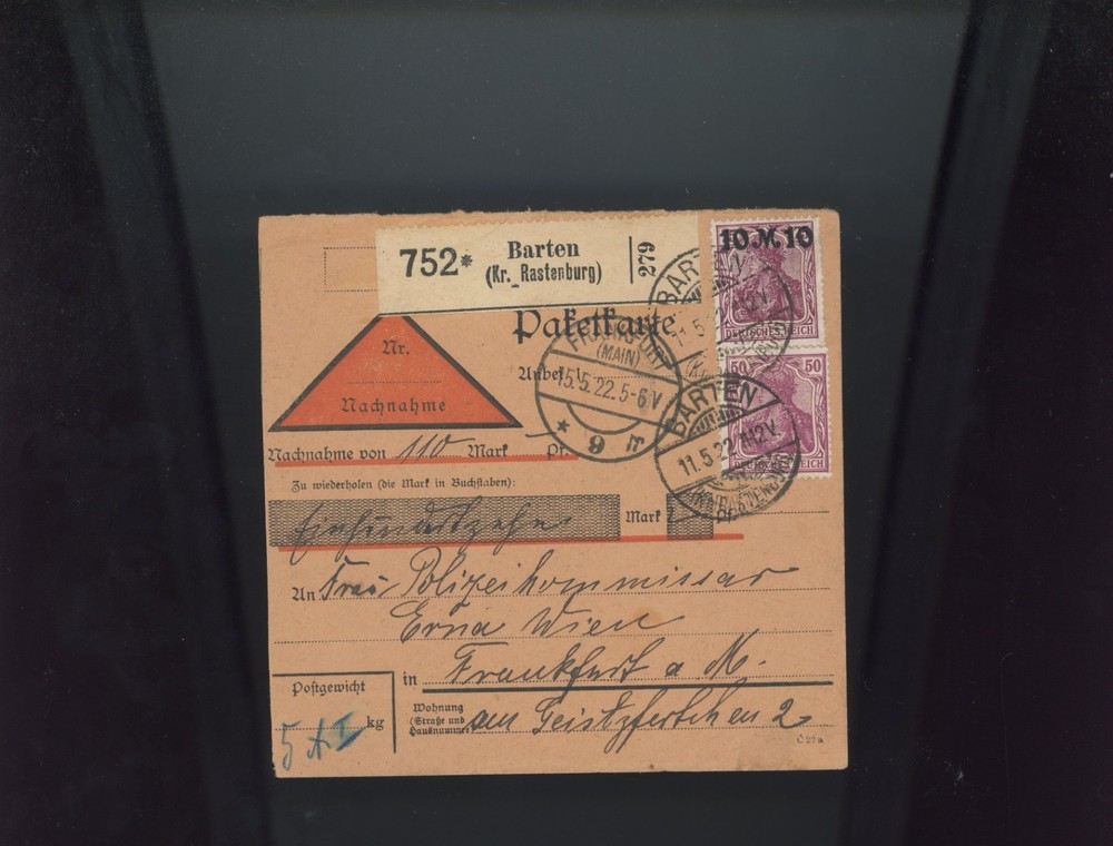 germany scott 136 paketkarte infla high franking 1922 barten frankfurt L60 r