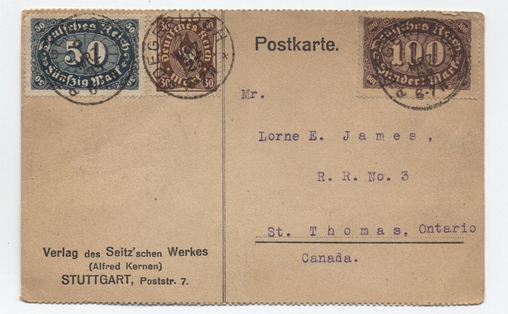 Early 1920s Germany postcard Stuttgart to Canada [SR.409]