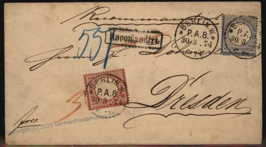 Germany 1874 Lg Eagle Brustschild Mi19 Cover Registered to Dresden 105268