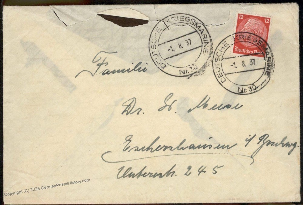 German 1937 M146 Ship Kreuzer Leipzig Ship MSP30 Cancel Feldpost Cover 98689