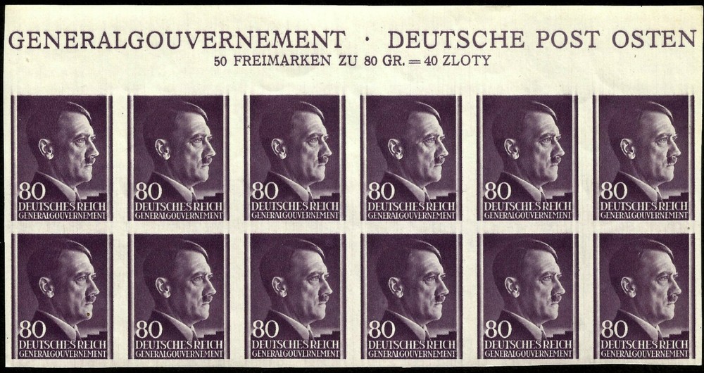 III REICH, GENERALGOUVERNEMENT, ADOLF HITLER, 80 GR., UNPERF., BLOC OF 12, MNH