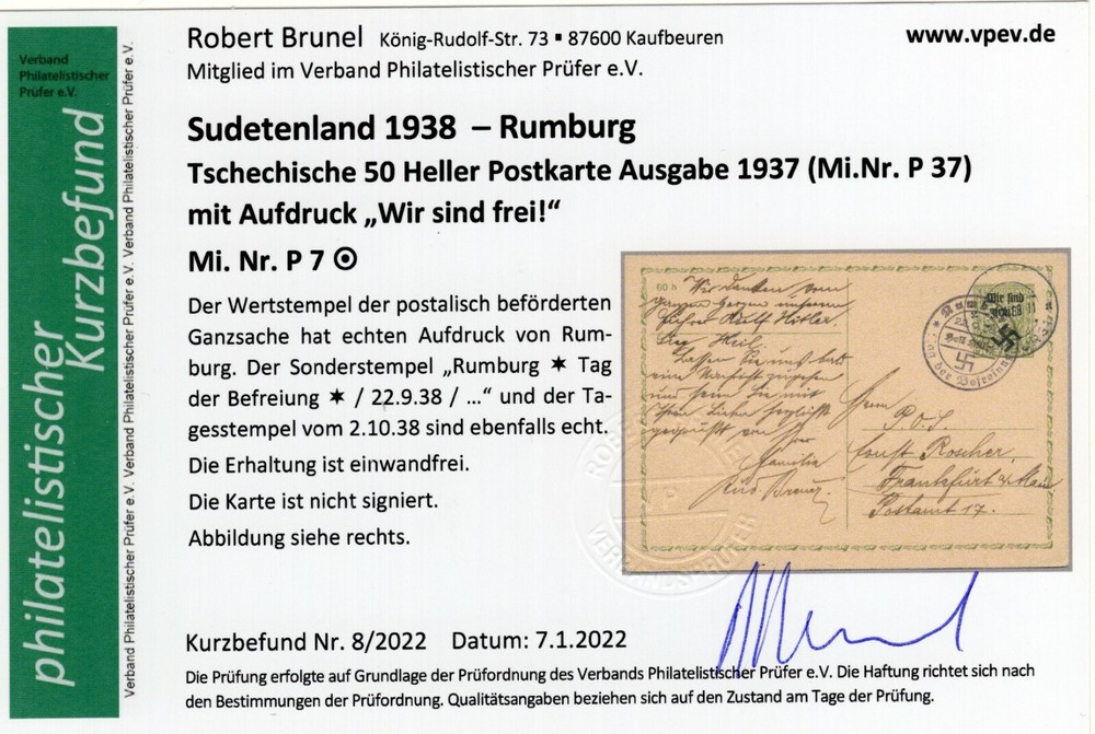 GERMANY OCCUPATION SUDETENLAND RUMBURG MICHEL P7 POSTALLY USED RARE CERT BRUNEL