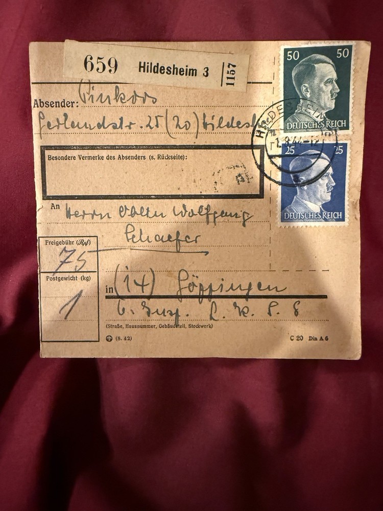 1944 Germany WW2 Hildesheim Parcel Post Receipt Cover 2 AH Stamps