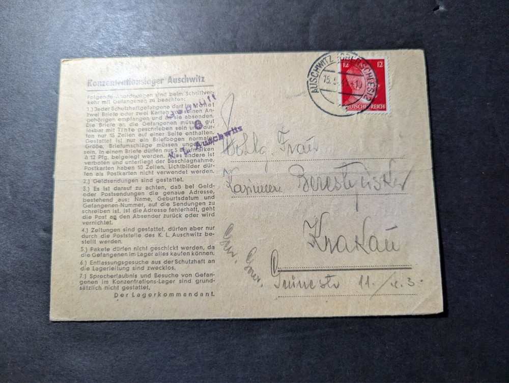 1943 Germany Auschwitz Concentration Camp Cover to Krakau Poland