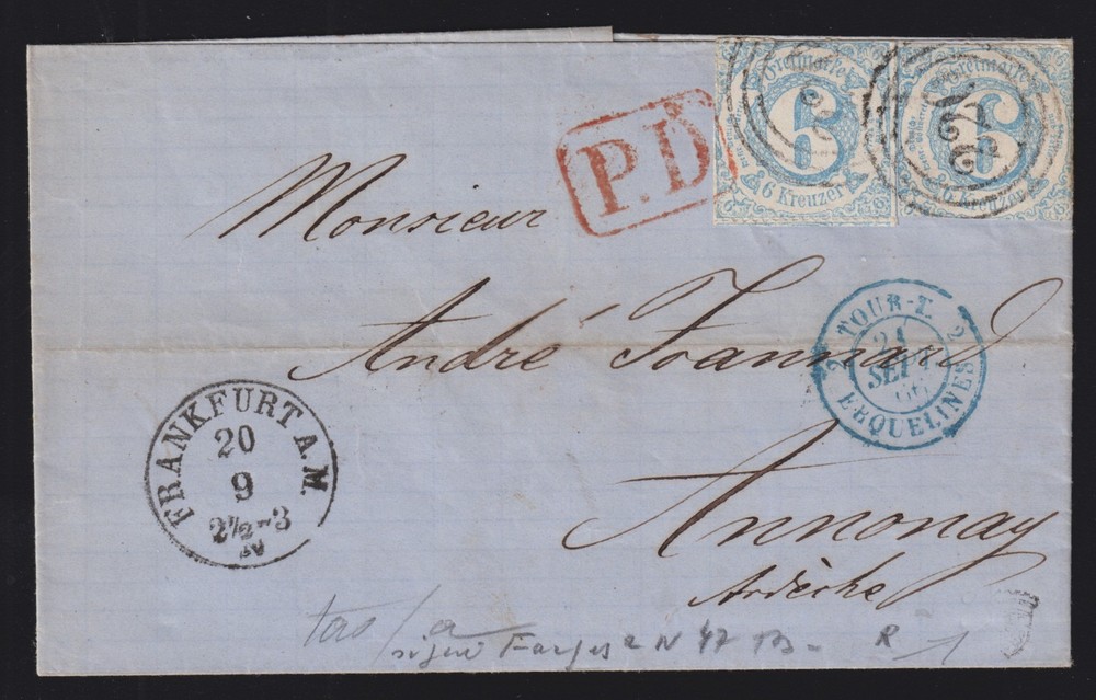 Thurn&Taxis 1866 MI 53 Pair folded cover Frankfurt to Annonay