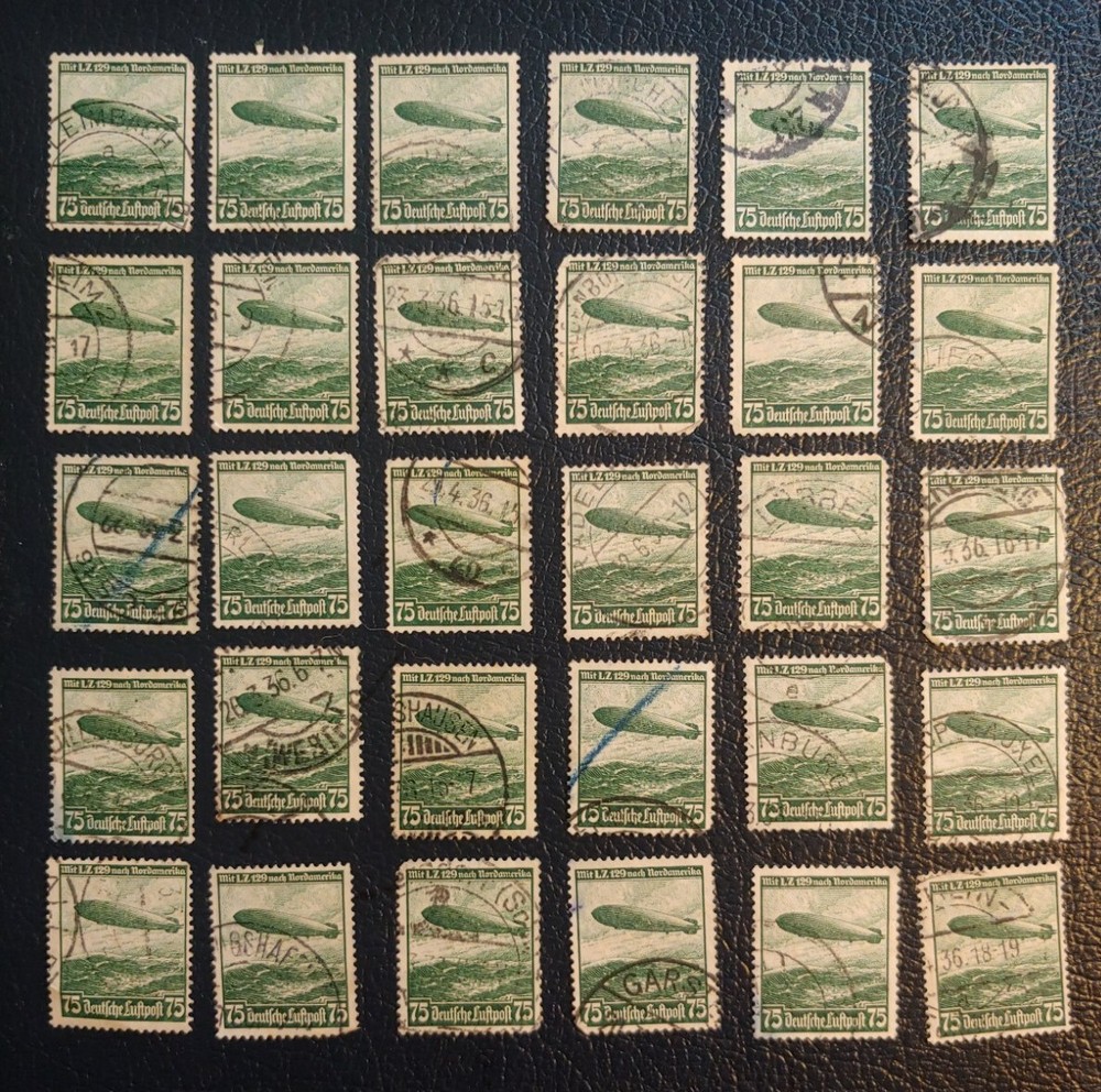 30 Stamp Lot 1936 GERMANY Deutsches Reich Luftpost 75 Pfennig Mi 607 ZEPPELIN
