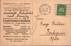 GERMANY 1926 POSTAL ILLUSTRATED BREMEN D. COLUMBUS SHIP POSTCARD ADDR & POSTMARK