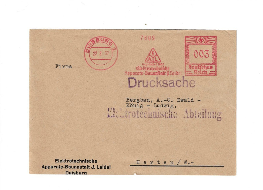 GERMANY 1937 Cover with Meter Cancel sent from Duisburg – open 2 sides