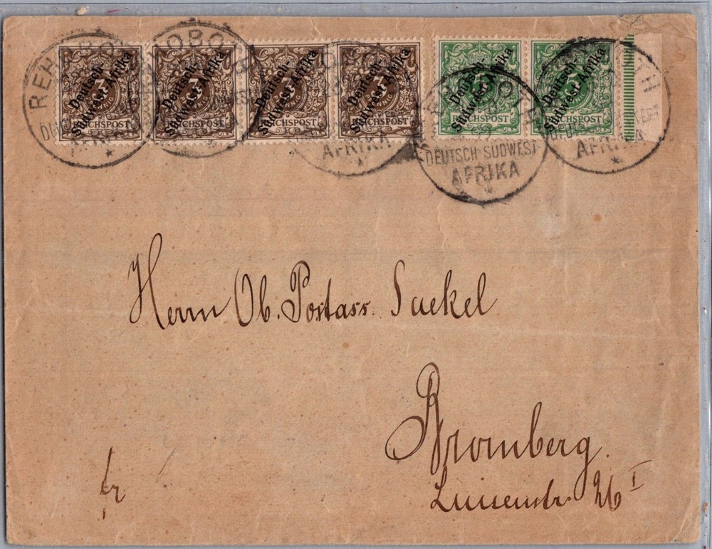 GERMANY 1899 COLONY S.W.AFRICA COVER MULT FRANK ADDR GERMANY POSTMARK REHOBOTH