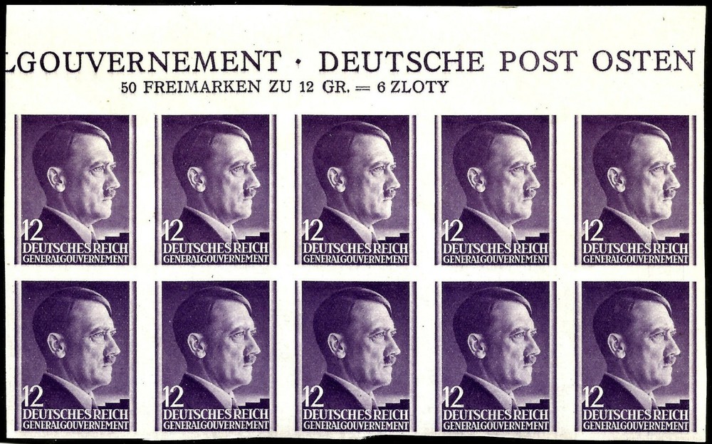 III REICH, GENERALGOUVERNEMENT, ADOLF HITLER, 12 GR., UNPERF., BLOC OF 10, MNH