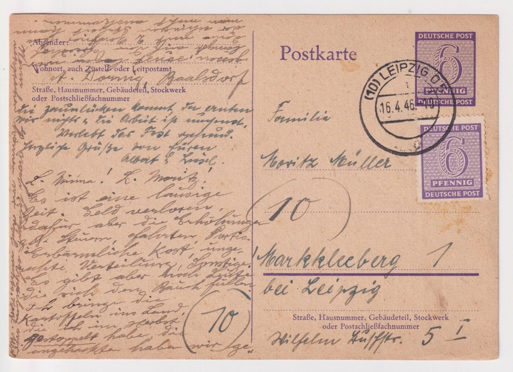 Germany WW2 – 1946 LEIPZIG Stationery Card used – Postal History