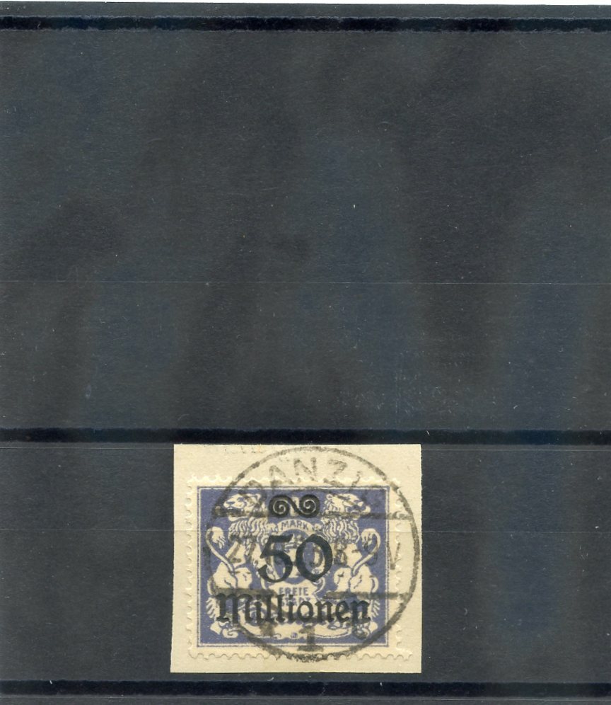 DANZIG Sc 152(MI 173)VF USED 1923 50MIL/10,000M GRY VIOLET/LT BLUE, ON PIECE $60