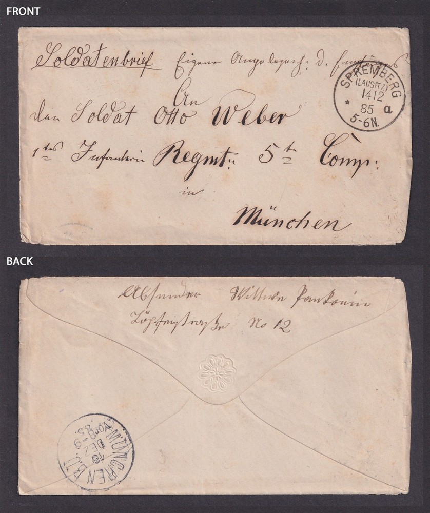 GERMANY 1885, Stempless cover from Spremberg to Munich