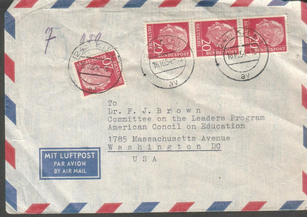 Germany 1954 cover Dr Kurt Meissner Kiel to Council on Education Washington DC