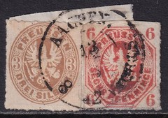 PRUSSIA 1861-67 Arms 6pf and 3sgr SG 28, 36 Used on Piece (CV £26+)
