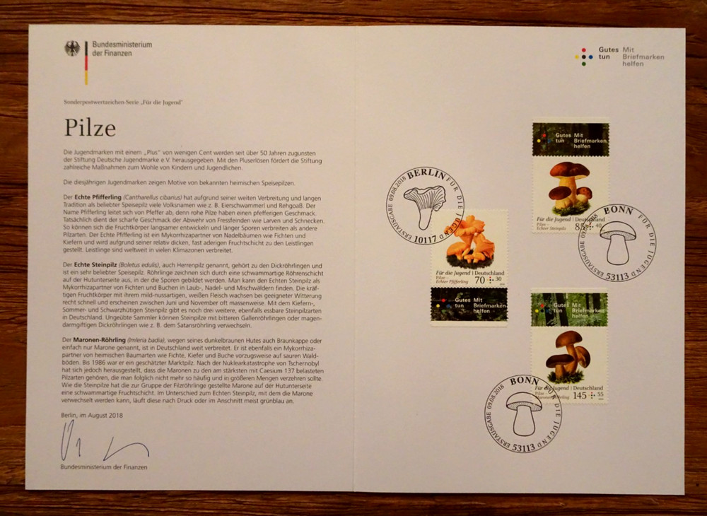 First Day Cover Minister Card Bund No. 3407-3409 Fungi 2018 Cancelled BRD