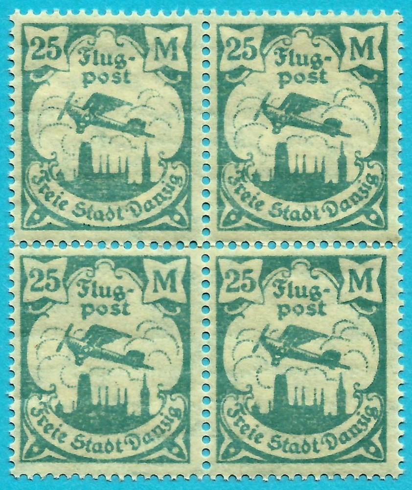 DANZIG 1923, 25 MARK GREEN-BLUE, AIR MAIL, MNH, BLOCK OF 4.