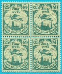 DANZIG 1923, 25 MARK GREEN-BLUE, AIR MAIL, MNH, BLOCK OF 4.