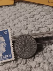 1942 German penny ~ 1 Pfenning ~ km#97 , WW2 Germany ~ + blue Stamp