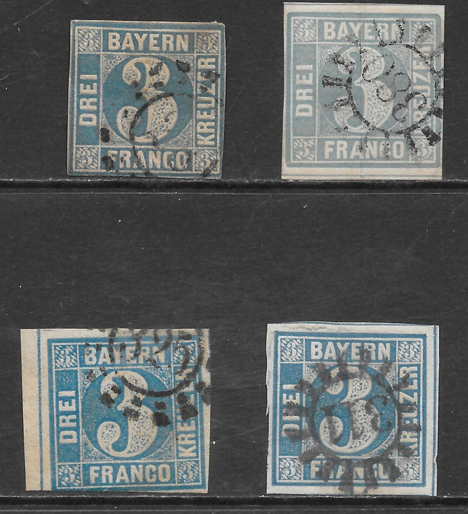 BAVARIA SCOTT 2 USED FINE x 4 – 1849 3kr BLUE – NUMERAL OF VALUE ISSUE