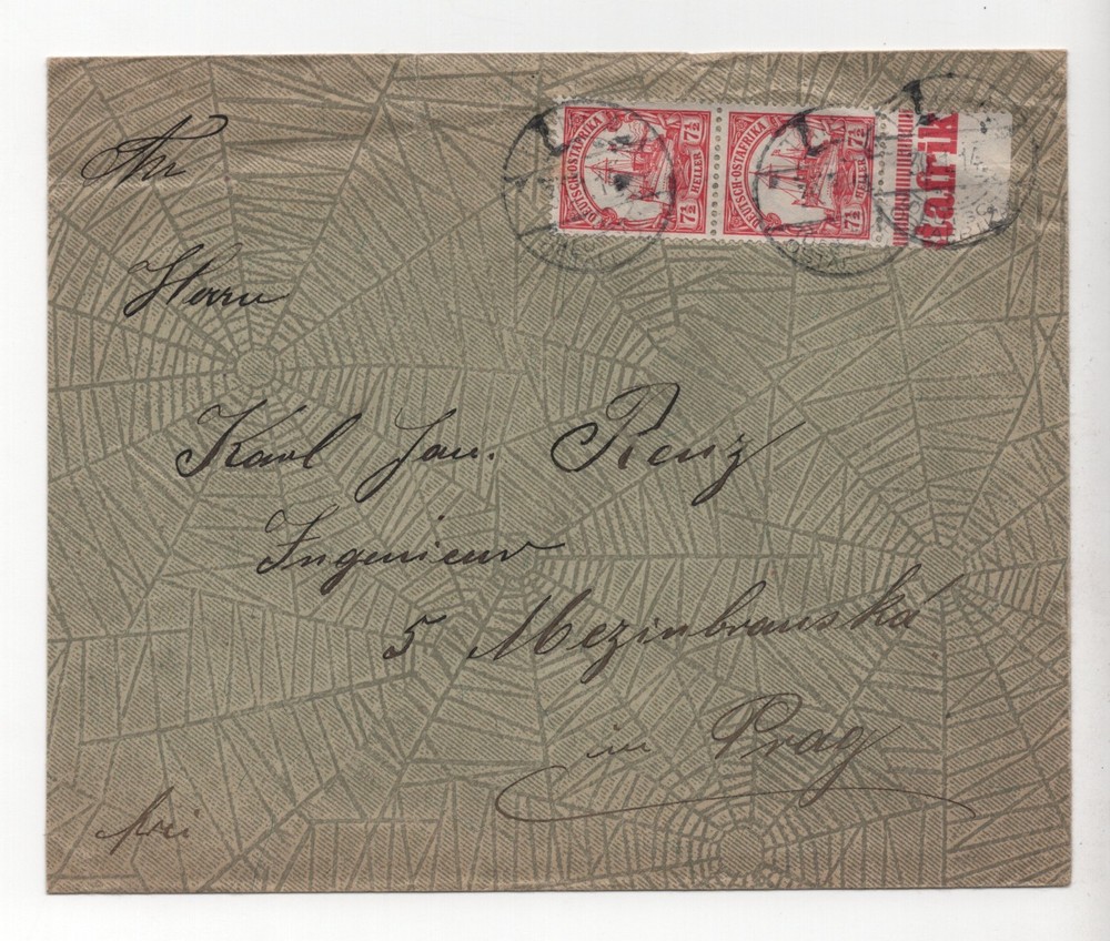 GERMANY EAST AFRICA 1905 COVER FRANKED SCOTT #24 (X2) TIED LINDI TO PRAGUE