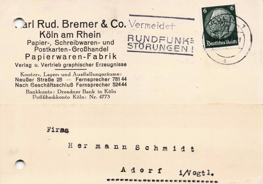 1935 Germany Postcard Cologne to Adorf „Avoid Radio Interference“ Slogan Cancel