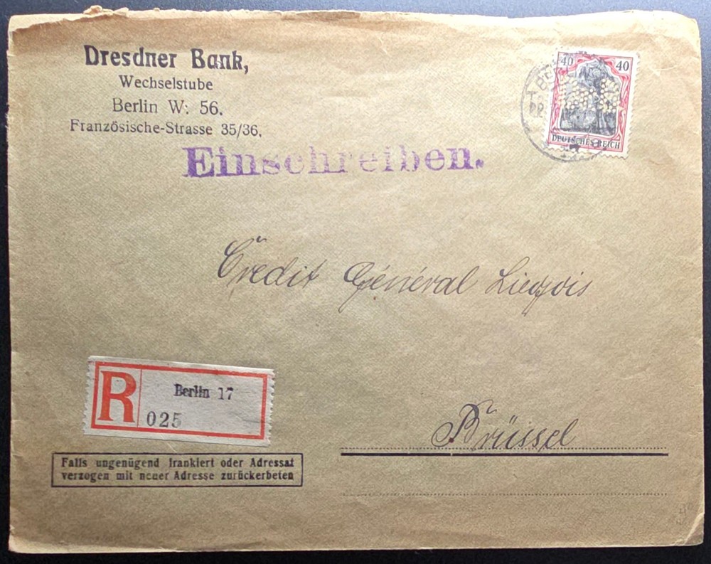1923 Berlin Registered Cover to Brussels – Dresdner Bank – PERFIN Germania 40pf