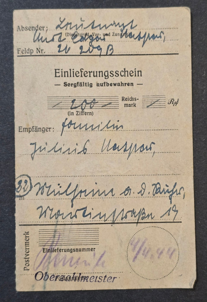 WWII German Third Reich Feldpost Postal Receipt Card Handwritten 1940s 200 RM