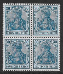 GERMANY SCOTT 123 1 MH/3MNH BLOCK/4 – 1920 30pf DL BLUE GERMANIA ISSUE